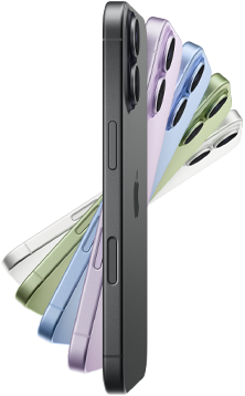 iPhone 17, pohled z boku, pět barev: černý, levandulový, mlhově modrý, šalvějově zelený a bílý